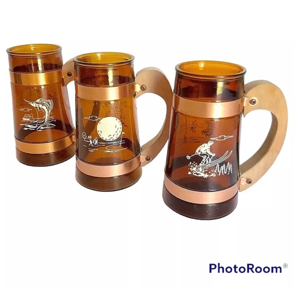 Vintage Siesta Ware Sports Mugs Amber Glass Wooden Handles 5" Set of 3 - Picture 1 of 7